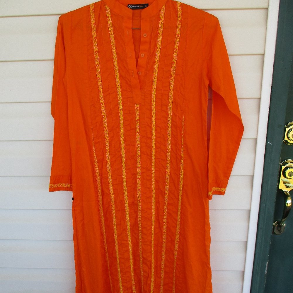 Indian Handmade Orange Long Sleeve Split Side Dress Size: Medium